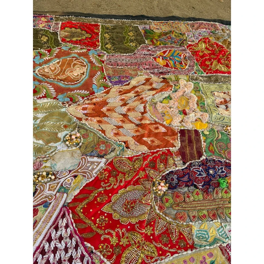 Vintage Indian Heavily Beaded Art Decor Sari Zari Wall Hanging Tapestry 75x93